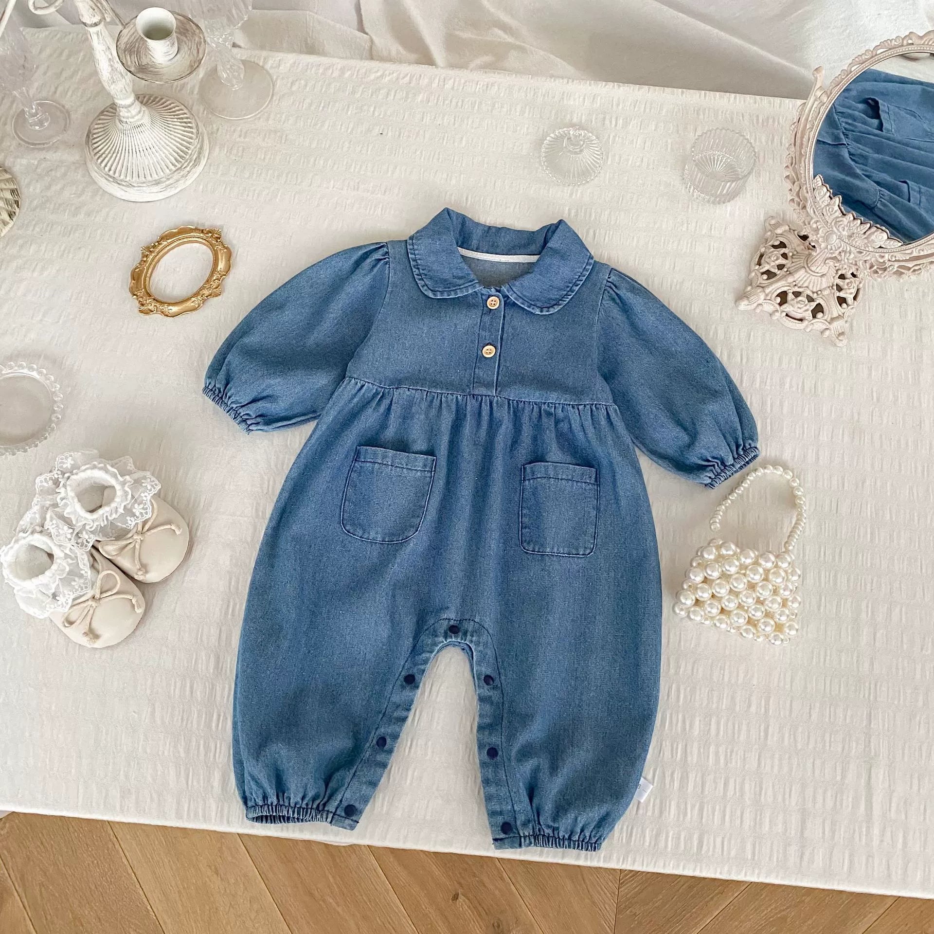 Autumn and Spring Arrival Baby Casual Pocketed Denim Rompers with Turn-down Collar-0