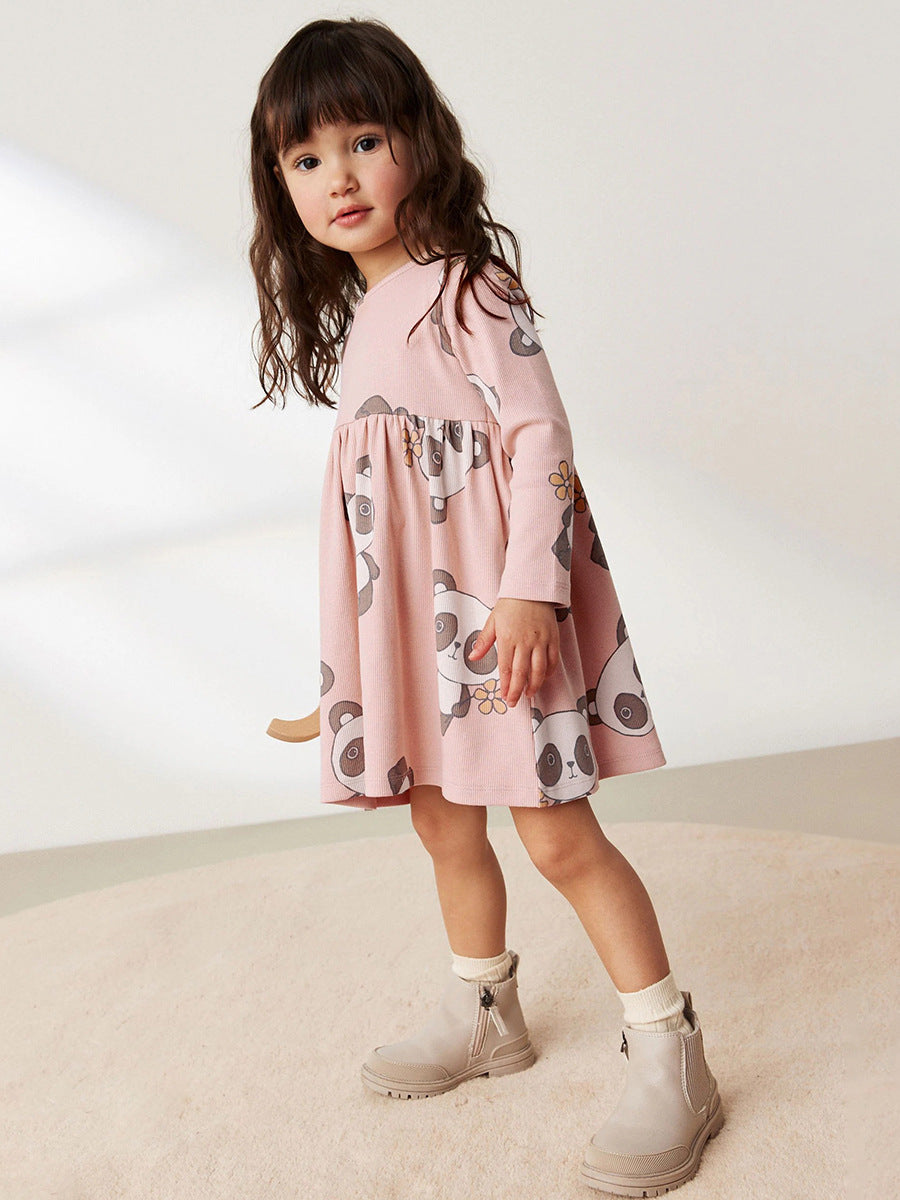 Arrival Autumn Girls Long Sleeves Cartoon Panda Pattern Crew Neck Dress-2