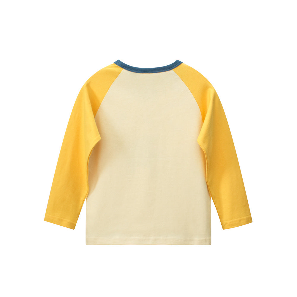 Autumn Baby Kids Unisex Letters and Dinosaur Print Color Patchwork Long Sleeves Crew Neck Base Top Shirt-2