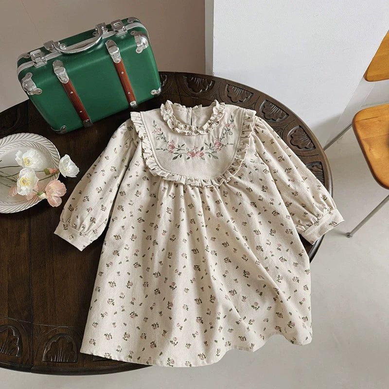 Arrival Autumn Girls Flowers Embroidery and Printed Pattern Long Sleeves Dress-3