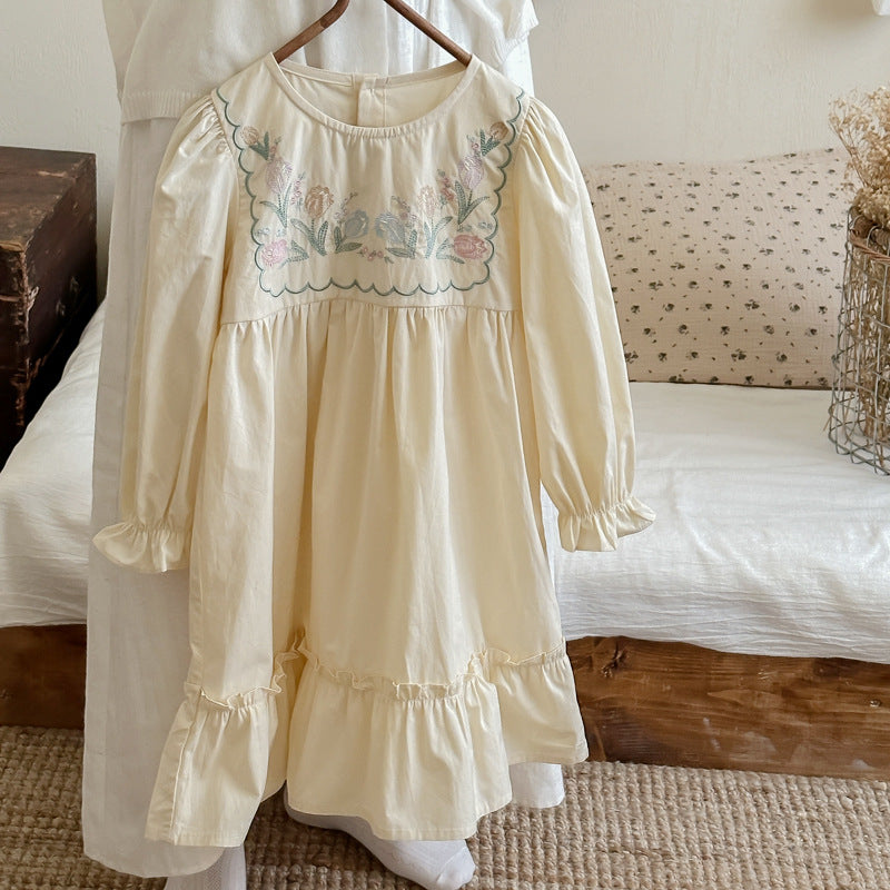 Arrival Autumn Girls French Style Crew Neck Long Sleeves Floral Embroidery Pattern Dress-1