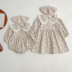 Adorable Baby Lace Collar Romper And Floral Print Girls’ Dress – Princess Sister Matching Set-0