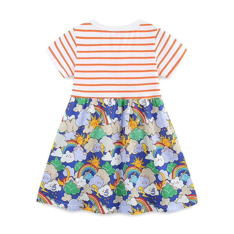 Summer Arrival Striped and Cartoon Clouds Pattern Short Sleeves Color Patchwork Dress for Stylish Girls-1