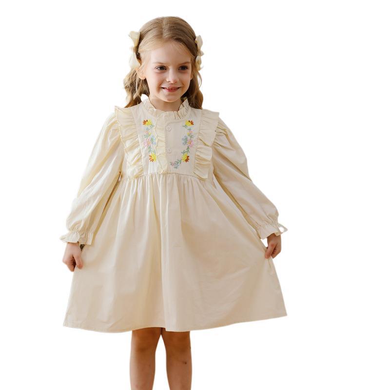 Arrival Autumn Girls Simple Ruffle Neck Long Sleeves Vine and Flowers Pattern Dress-1
