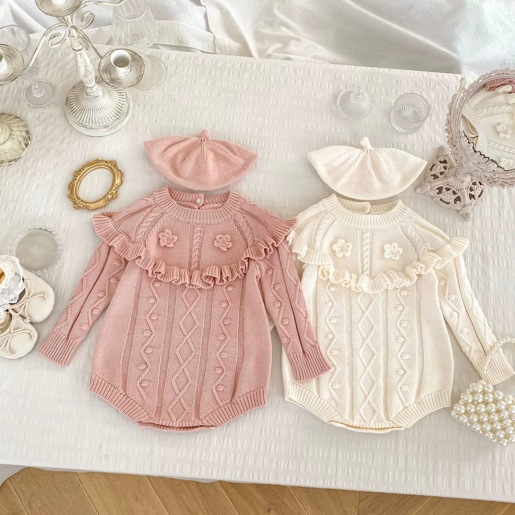 Autumn Arrival Baby Girls Knitted Long Sleeves Geometric Jacquard Pattern Onesies-0