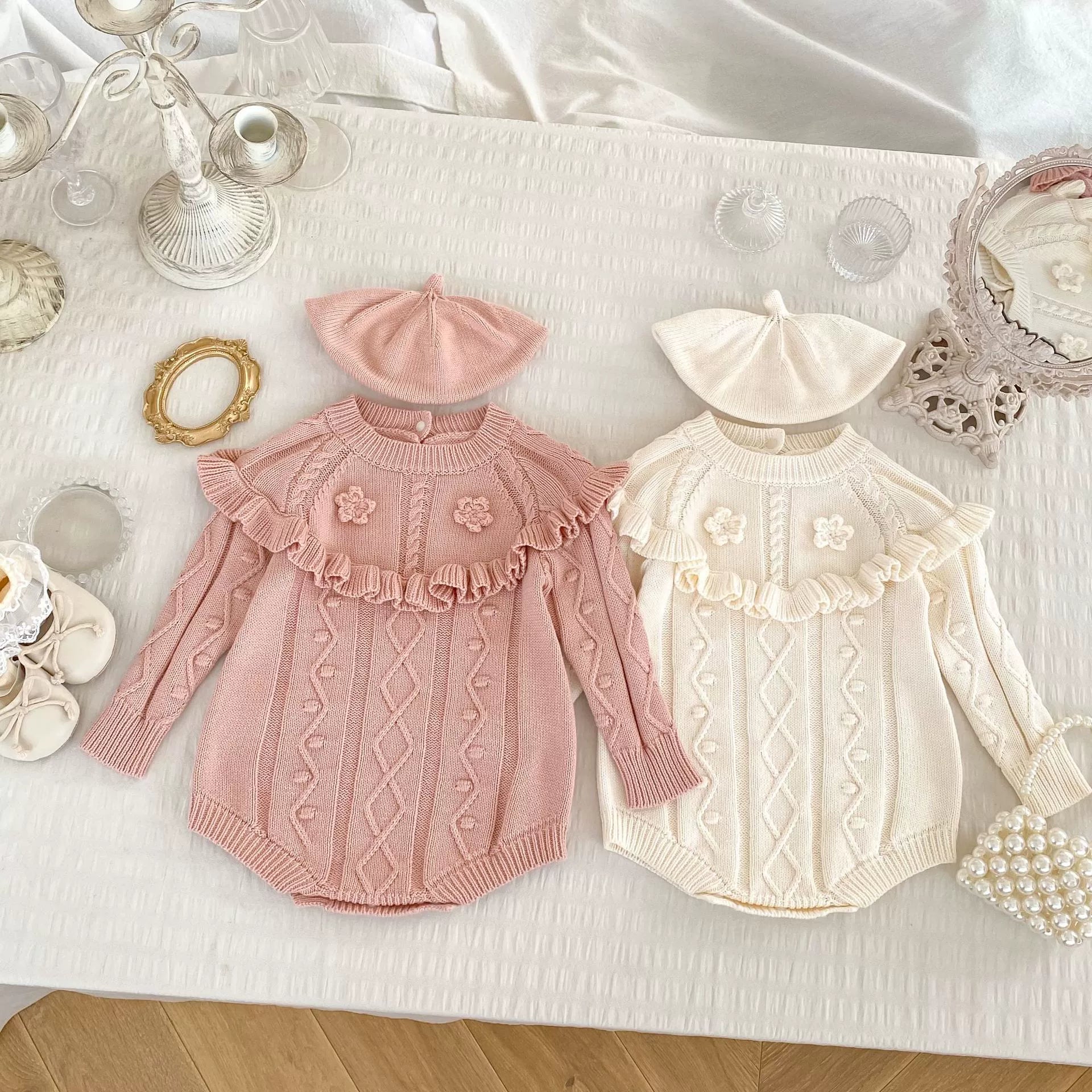 Autumn Arrival Baby Girls Knitted Long Sleeves Geometric Jacquard Pattern Onesies-0