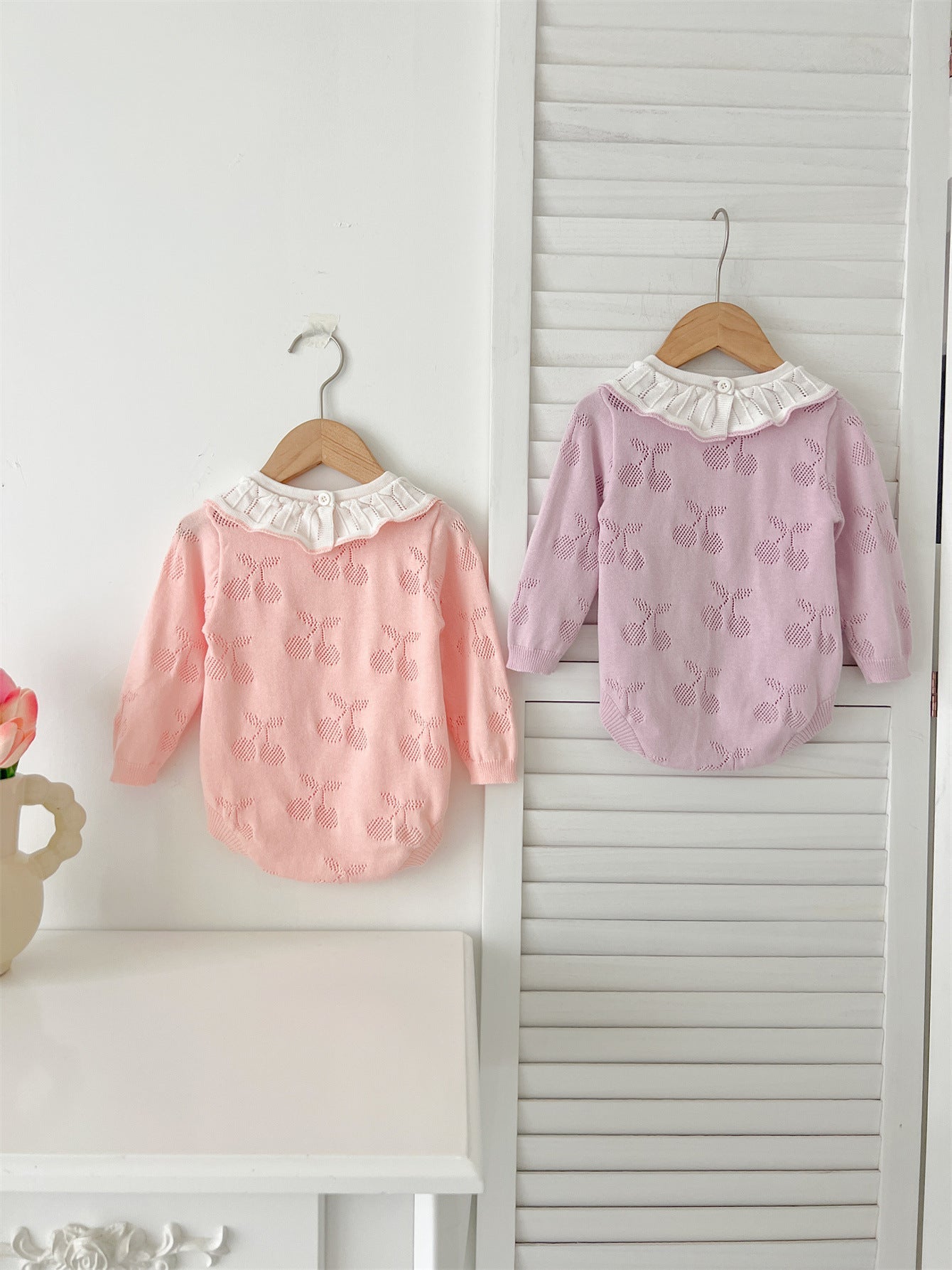 Autumn Arrival Baby Girls Cheery Hollow-out Pattern Long Sleeves Onesies with Collar-0