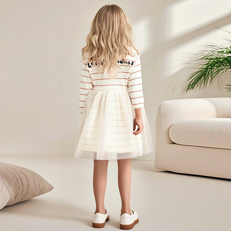 Autumn and Winter Warm Arrival Teddy Cartoon and Striped Pattern Long Sleeves Crew Neck Dress for Stylish Girls-1