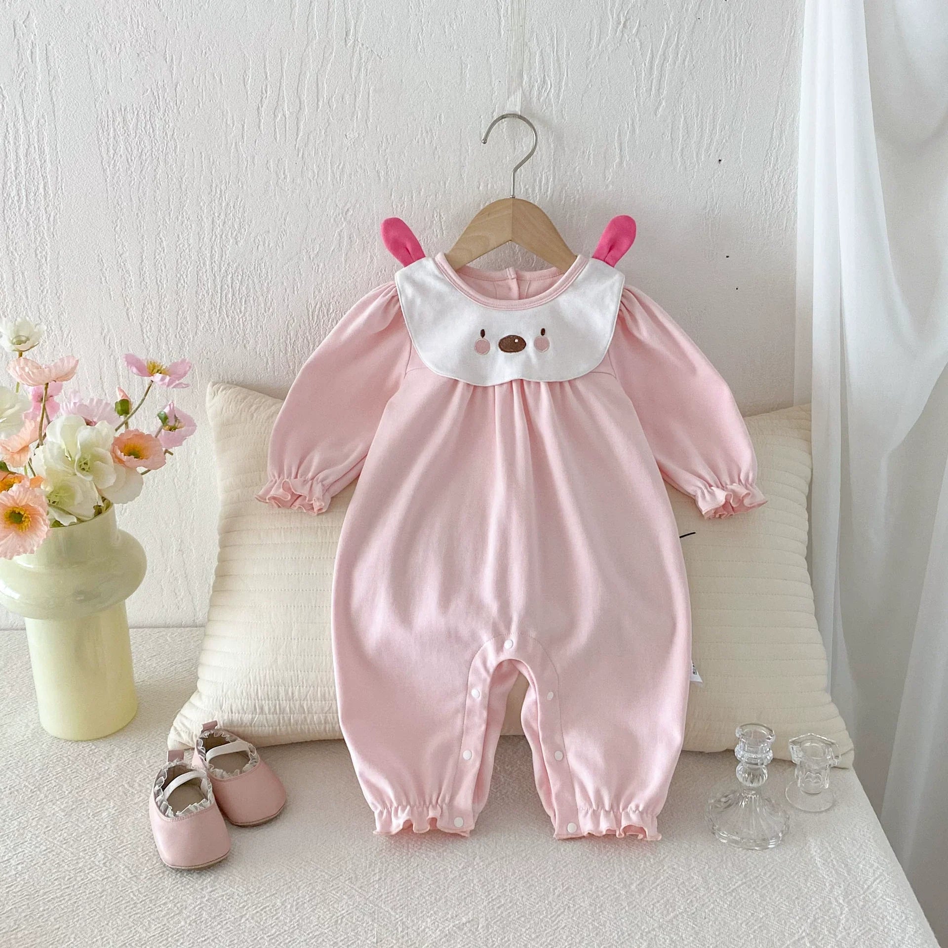 Autumn Arrival Baby Girls Long Sleeves Cartoon Pattern Collar Color Patchwork Rompers-1