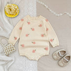 Autumn Arrival Baby Girls Knitted Long Sleeves Flowers Embroidered Pattern Onesies-1