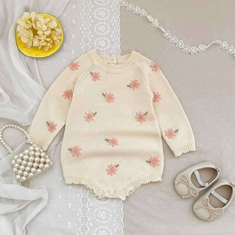 Autumn Arrival Baby Girls Knitted Long Sleeves Flowers Embroidered Pattern Onesies-1