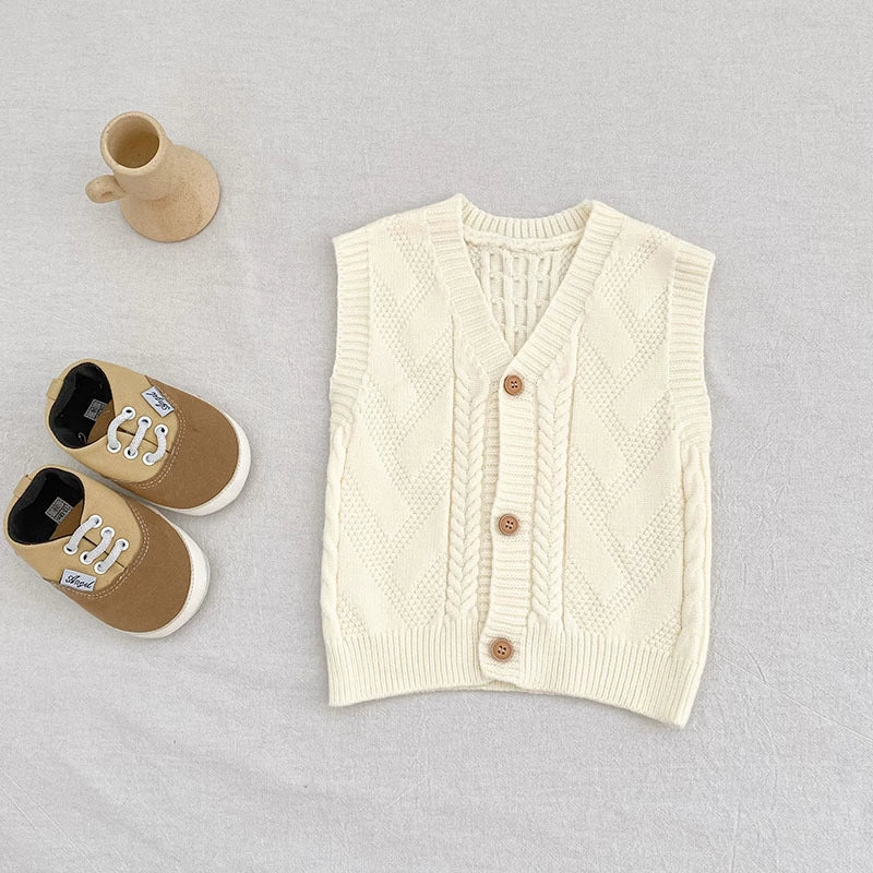 Autumn Arrival Baby Unisex Comfortable Jacquard Pattern Knitted Sleeveless V Neck Vest-4