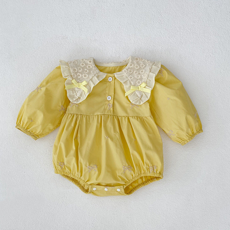 Arrival Spring Baby Kids Girls Long Sleeves Bows Embroidery Pattern Floral Collar Onesies and Dress – Princess Sister Matching Set-3