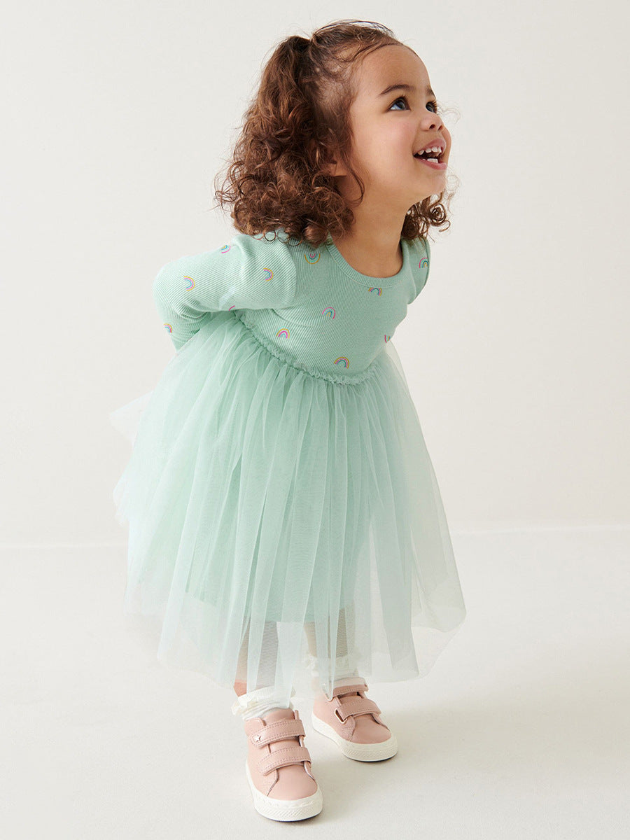 Arrival Autumn Girls Rainbows Print Crew Neck Long Sleeves Tulle Patchwork Princess Dress-2