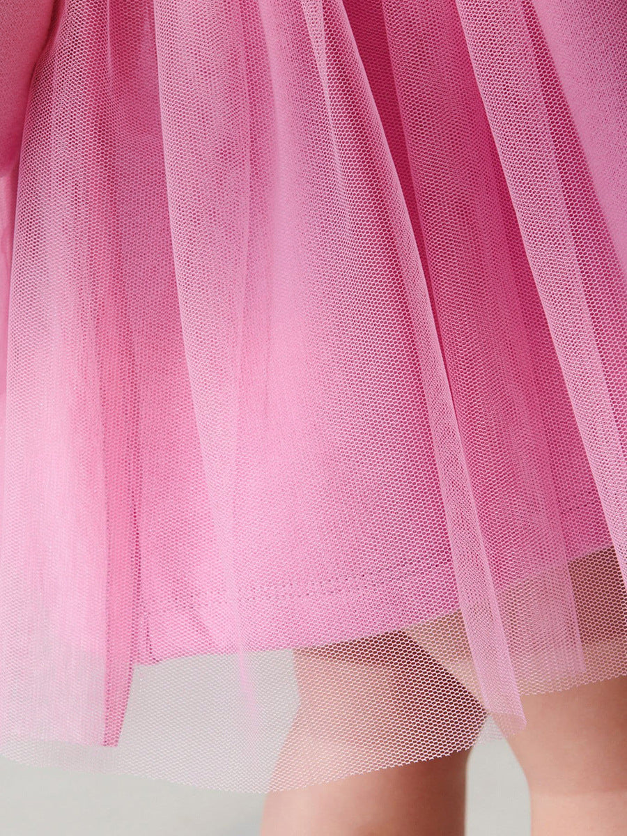 Arrival Autumn Girls Cartoon Rabbit Logo Crew Neck Long Sleeves Pink Tulle Patchwork Princess Dress-2