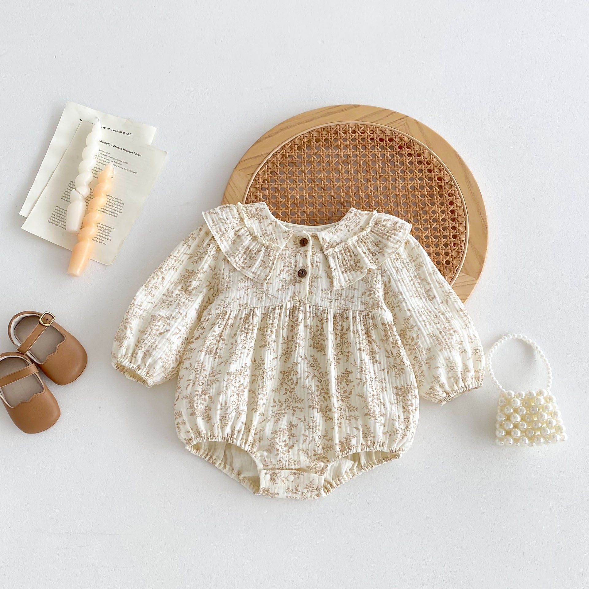 Autumn Arrival Baby Girls Long Sleeves Floral Print Princess Collar Onesies-0