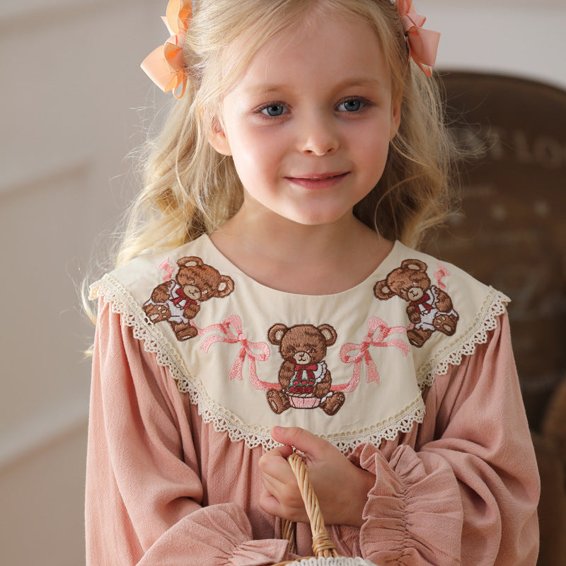 Arrival Autumn Girls Pink Long Sleeves Dress with Teddy Embroidery Collar-1