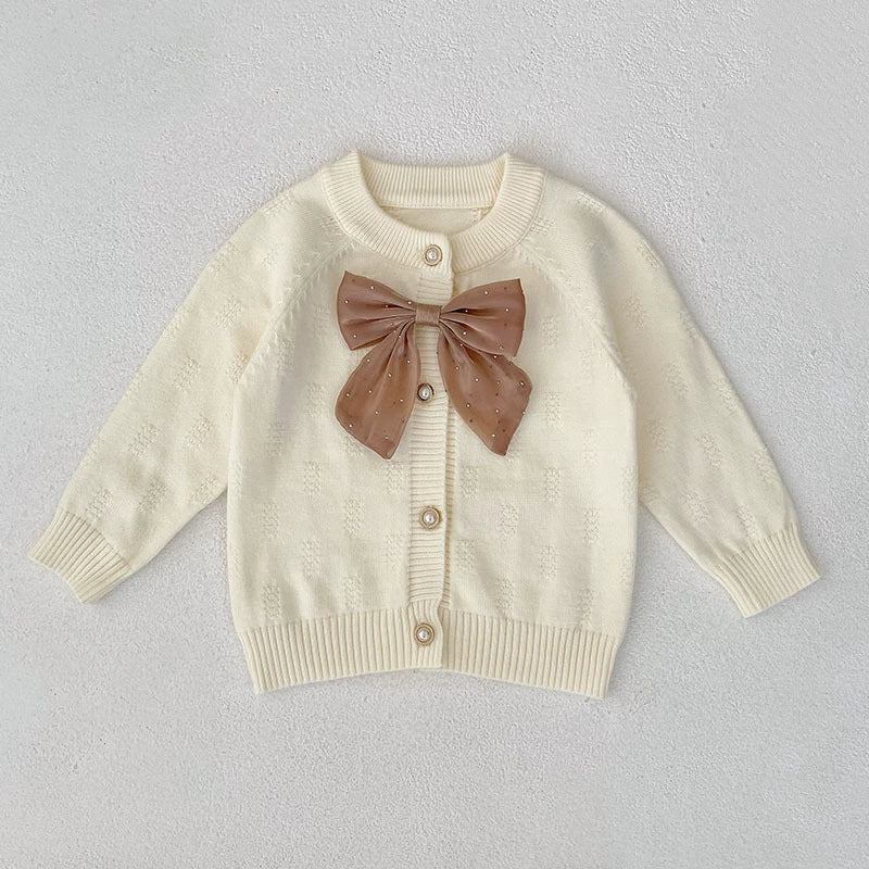 Autumn Arrival Baby Girls Comfortable Butterfly-bow Decorated Knitted Long Sleeves Cardigan-1