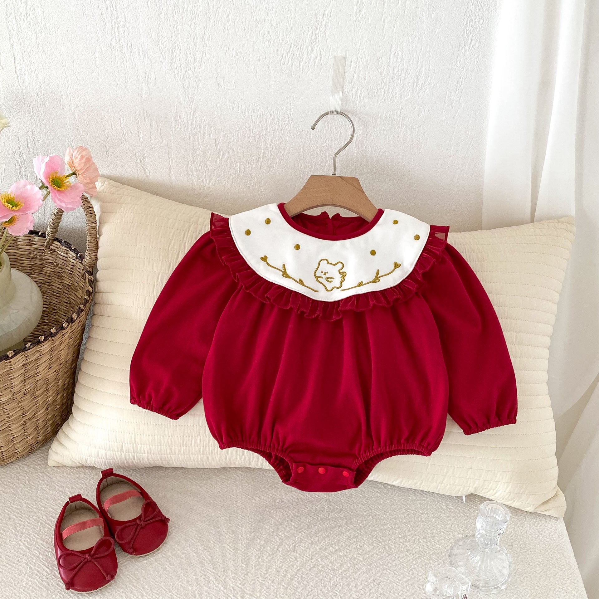Autumn Arrival Baby Girls Long Sleeves Rabbit Embroidery Collar Red Onesies-0