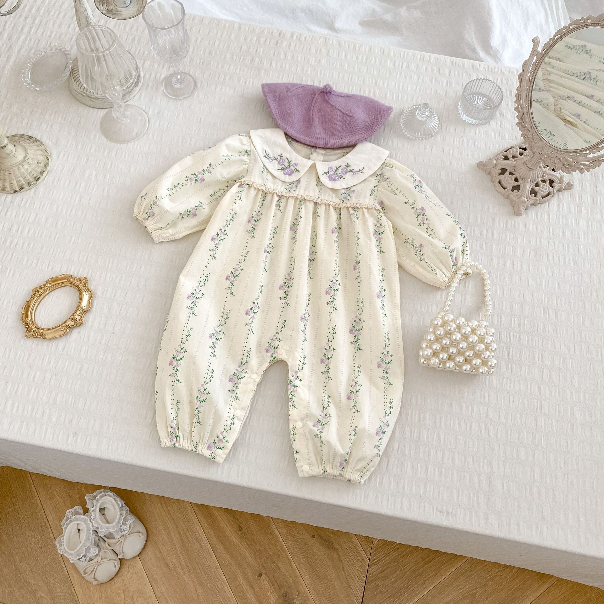 Arrival Autumn Baby Girls Long Sleeves Floral Pattern Romper with Embroidered Collar-0