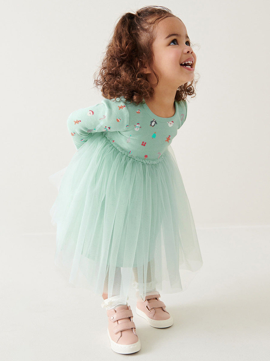Arrival Autumn Girls Cartoon Christmas Print Crew Neck Long Sleeves Tulle Patchwork Princess Dress-2