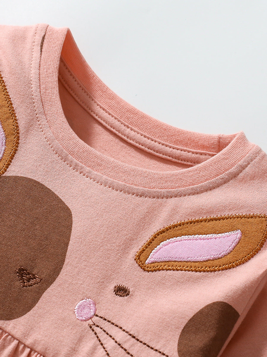 Arrival Autumn Girls Cartoon Rabbit And Polka Dots Pattern Crew Neck Long Sleeves Princess Dress-2