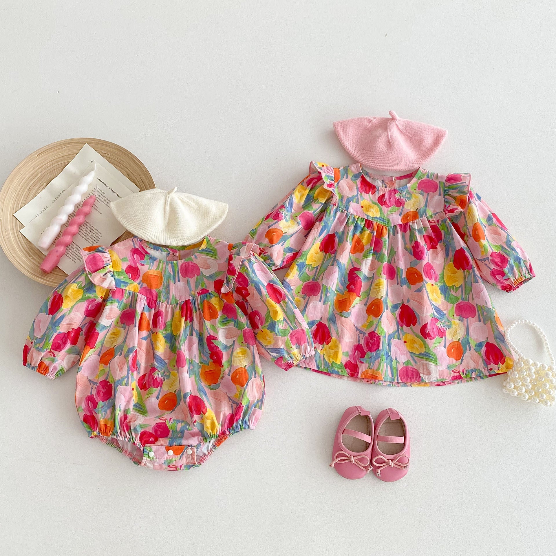Autumn Arrival Baby Girls Long Sleeves Vivid Floral Print Colorful Onesies and Dress-0