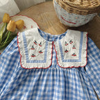Arrival Autumn Girls Plaid and Cherry Pattern Long Sleeves Dress-1