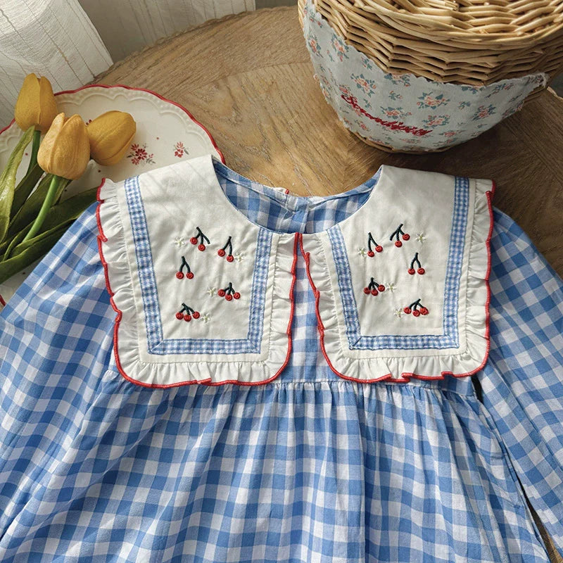 Arrival Autumn Girls Plaid and Cherry Pattern Long Sleeves Dress-1