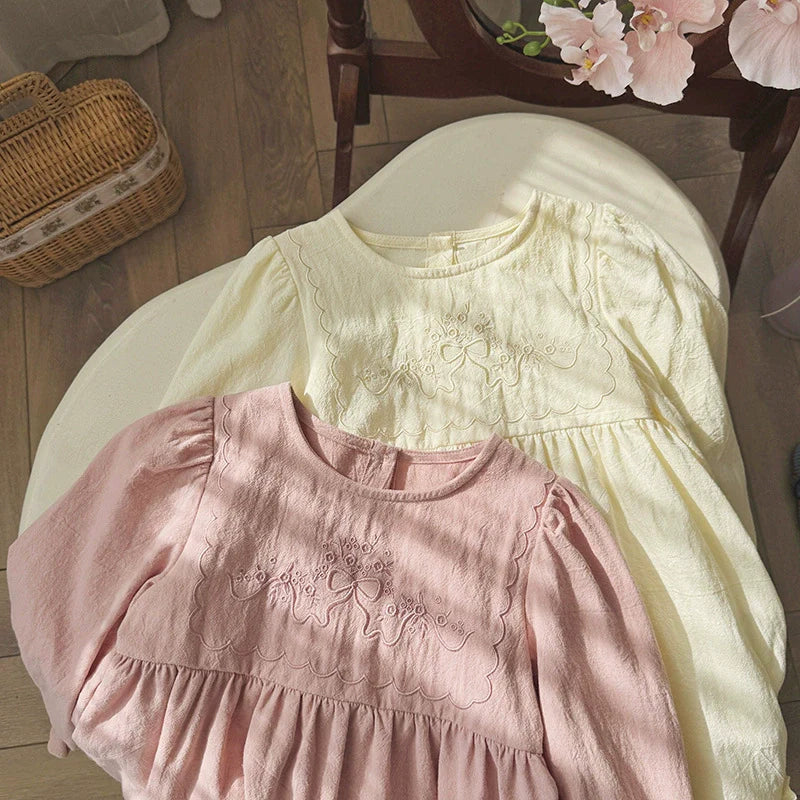 Arrival Autumn Girls Flowers and Butterfly-bow Embroidery Pattern Long Sleeves Crew Neck Dress-3