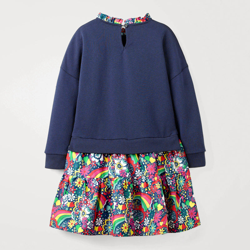 Arrival Autumn Girls Rainbow Embroidery Sweatshirt Patchwork Vivid Floral Dress-2