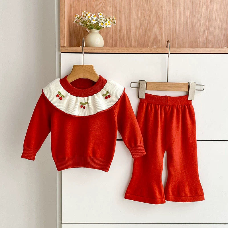 Arrival Autumn Baby Girls Long Sleeves Color Patchwork Cherry Embroidered Pattern Knitted Top Sweater and Long Trousers Clothing Set-1
