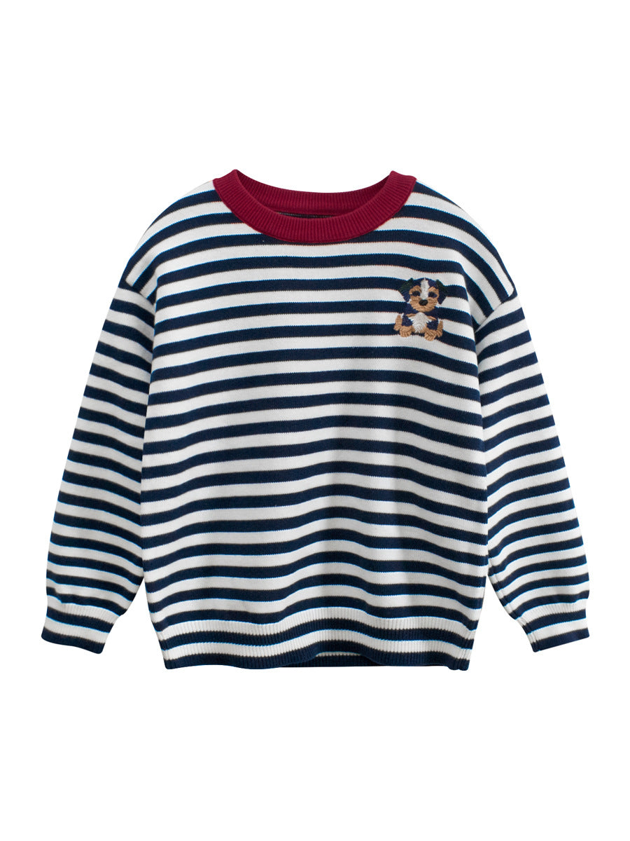 Arrival Baby Kids Puppy Logo and Striped Pattern Crew Neck Long Sleeves Knitted Top-1