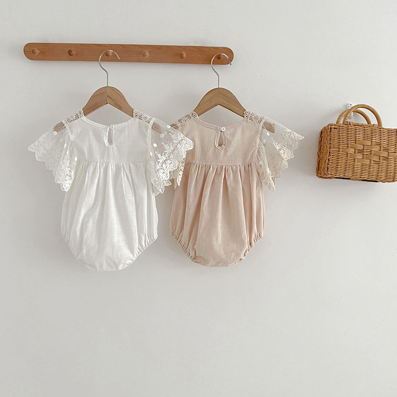 Arrival Summer Baby Kids Girls Embroidery Tulle Patchwork Short Sleeves Onesies-2