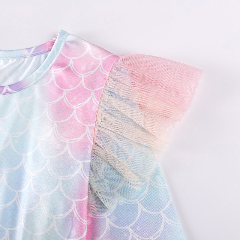 Autumn and Spring Arrival Geometric Pattern Tulle Patchwork Long Sleeves Dress for Stylish Girls-2