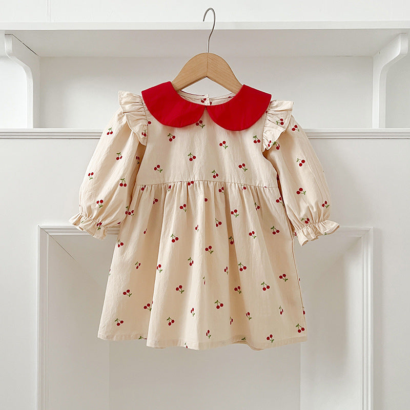 Arrival Autumn Baby Kids Girls Long Sleeves Cherry Pattern Peter Pan Collar Onesies and Dress – Princess Sister Matching Set-2