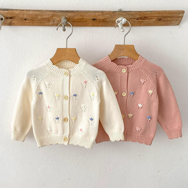 Autumn Arrival Baby Girls Comfortable Flowers Embroidery Pattern Knitted Long Sleeves Cardigan-0