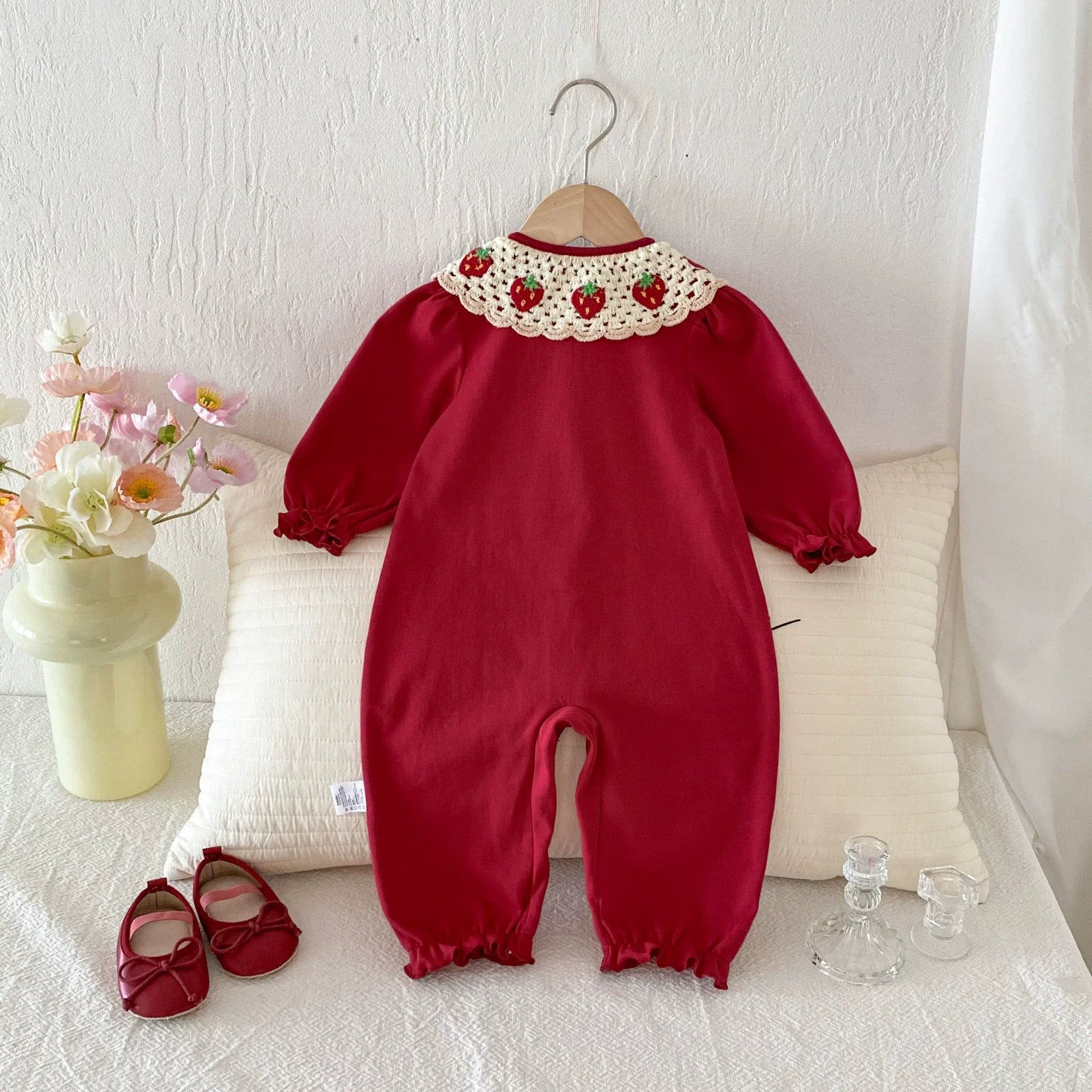 Autumn Arrival Baby Girls Long Sleeves Strawberry Embroidered Pattern Single Breasted Rompers-1