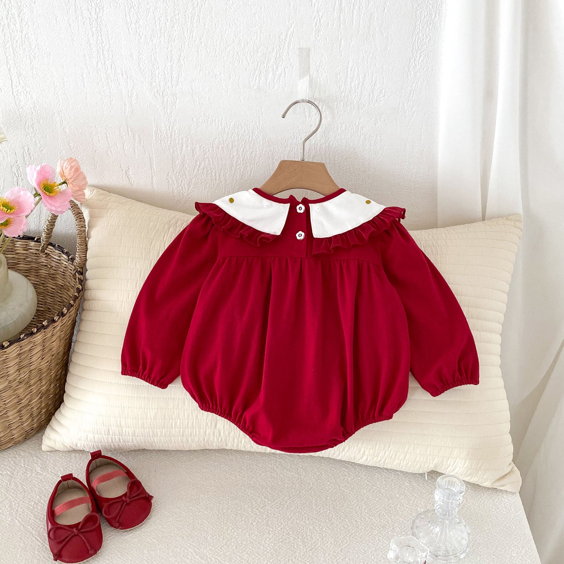 Autumn Arrival Baby Girls Long Sleeves Rabbit Embroidery Collar Red Onesies-1