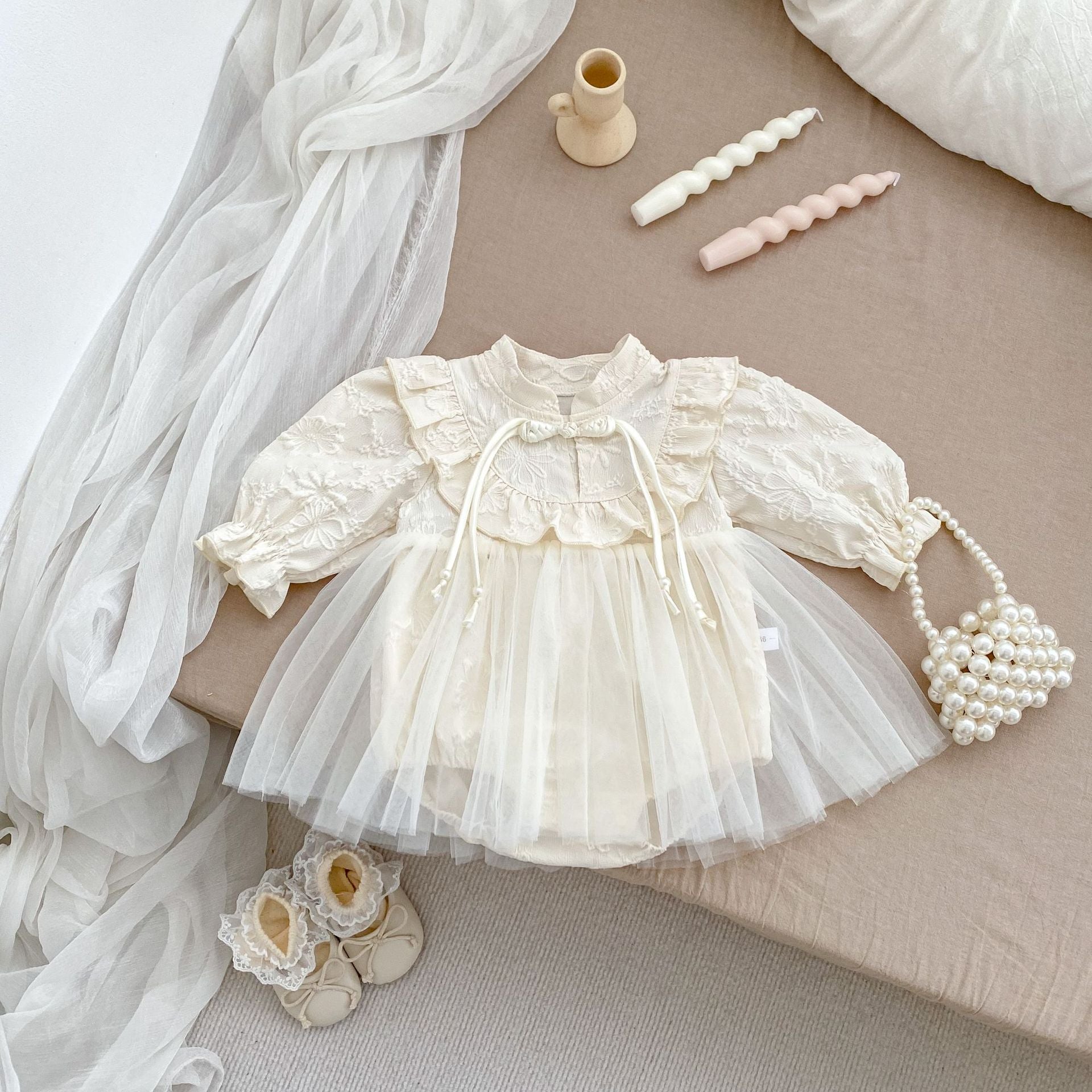 Autumn Arrival Baby Girls Long Sleeves Stand Collar Floral Embroidery Tulle Onesies Dress-1