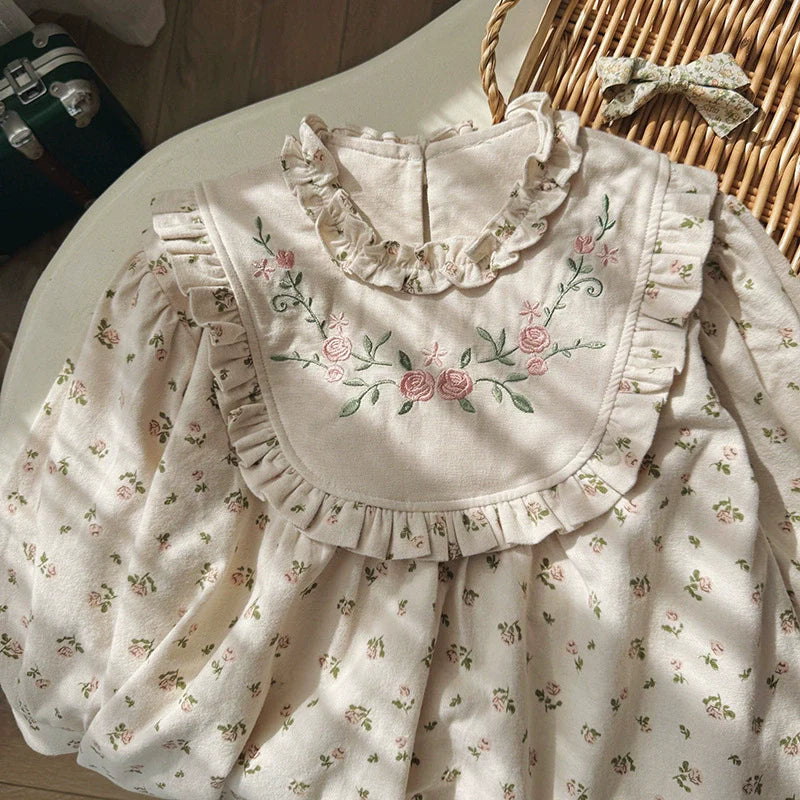 Arrival Autumn Girls Flowers Embroidery and Printed Pattern Long Sleeves Dress-2
