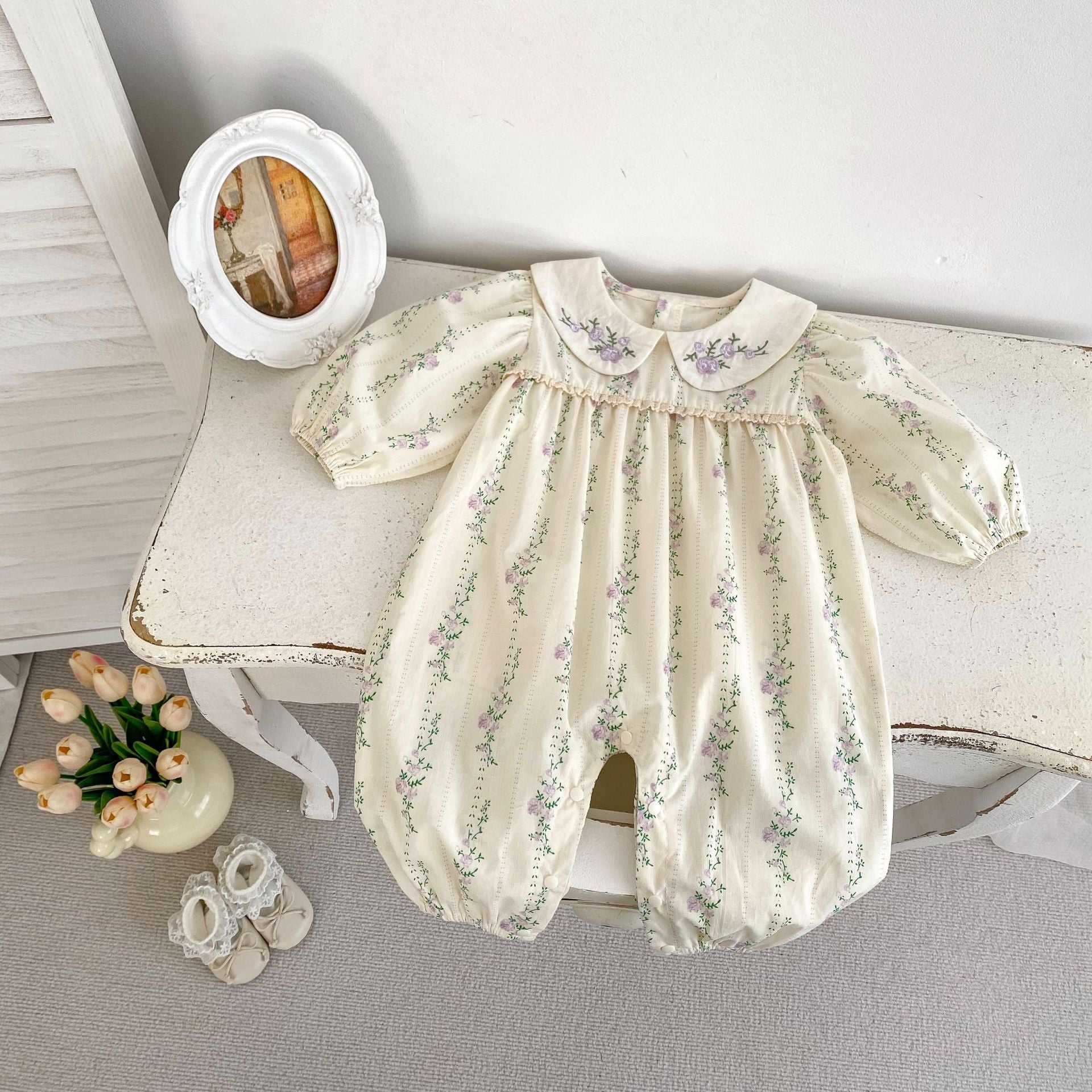 Arrival Autumn Baby Girls Long Sleeves Floral Pattern Romper with Embroidered Collar-2