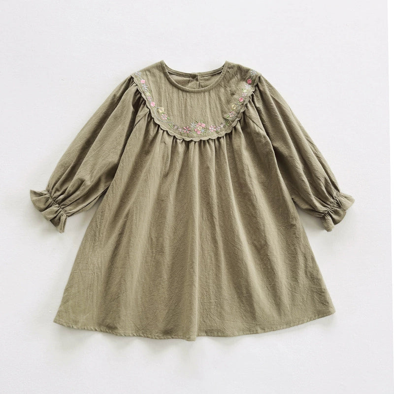 Arrival Autumn Girls Flowers Embroidery Pattern Long Sleeves Dress-1