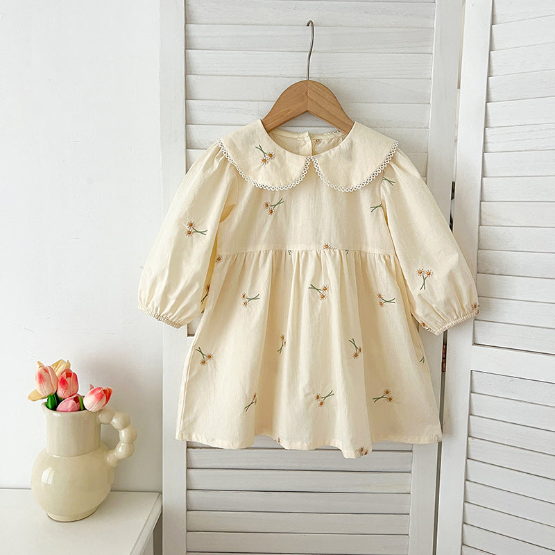 Arrival Autumn Baby Kids Girls Long Sleeves Daisy Floral Embroidery Pattern French Collar Onesies and Dress – Princess Sister Matching Set-1