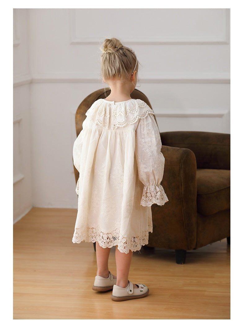 Arrival Lace Trim Design Autumn Girls Long Puff Sleeves Dress-1