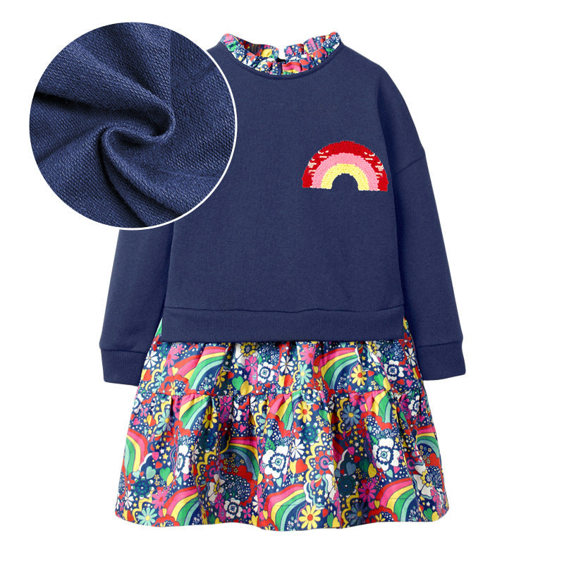 Arrival Autumn Girls Rainbow Embroidery Sweatshirt Patchwork Vivid Floral Dress-1