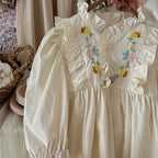 Arrival Autumn Girls Simple Ruffle Neck Long Sleeves Vine and Flowers Pattern Dress-2