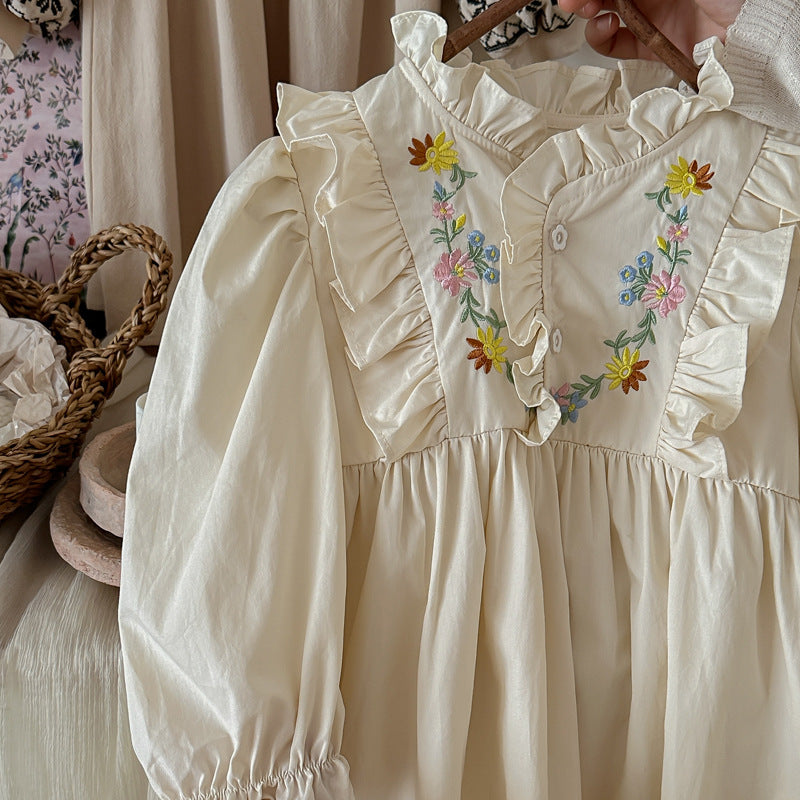 Arrival Autumn Girls Simple Ruffle Neck Long Sleeves Vine and Flowers Pattern Dress-2