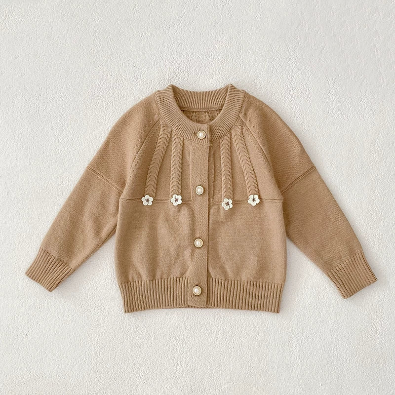 Autumn Arrival Baby Girls Comfortable Flowers Pattern Knitted Long Sleeves Cardigan-1