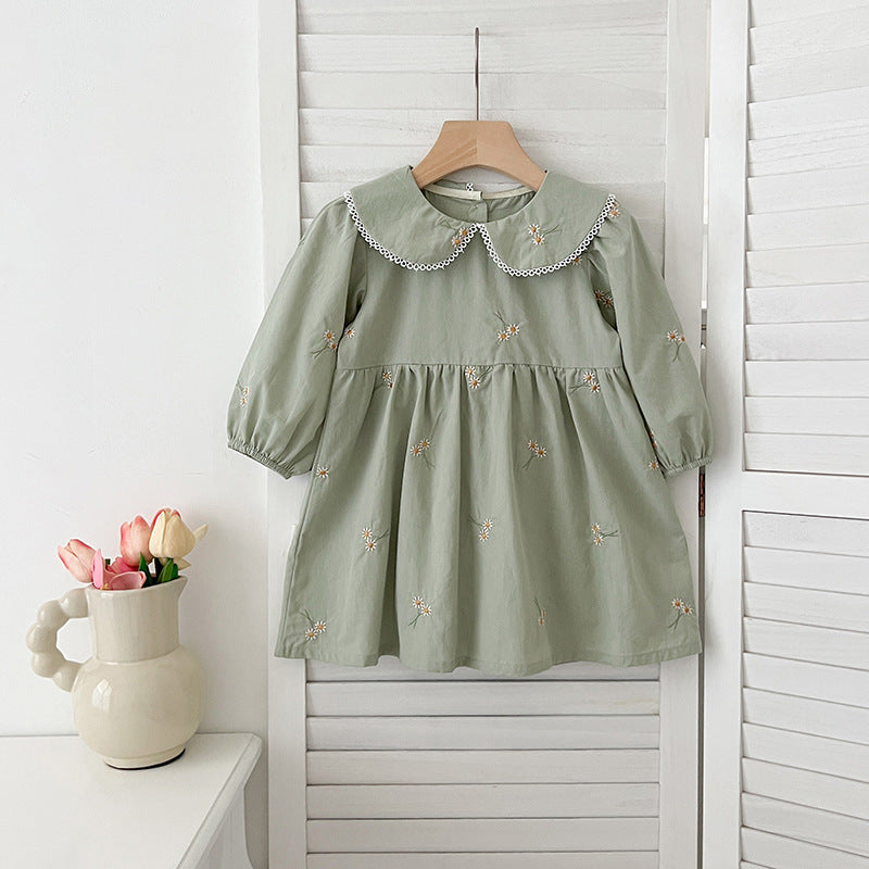 Arrival Autumn Baby Kids Girls Long Sleeves Daisy Floral Embroidery Pattern French Collar Onesies and Dress – Princess Sister Matching Set-2